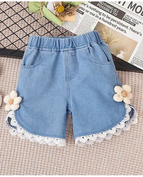 Mark & Mia Cotton Shorts with Floral Applique & Lace Detailing - Light Blue