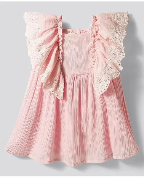 Bonfino 100% Cotton Woven Frill Sleeves Smocked Frock with Schiffili - Pink