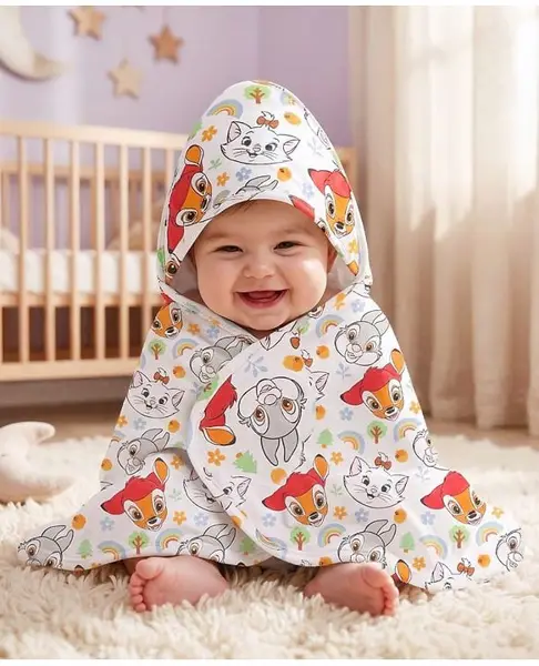 Babyhug Disney 100% Cotton Knit Hooded Towel With Disney Marie Graphics L 76 x B 76 cm - White