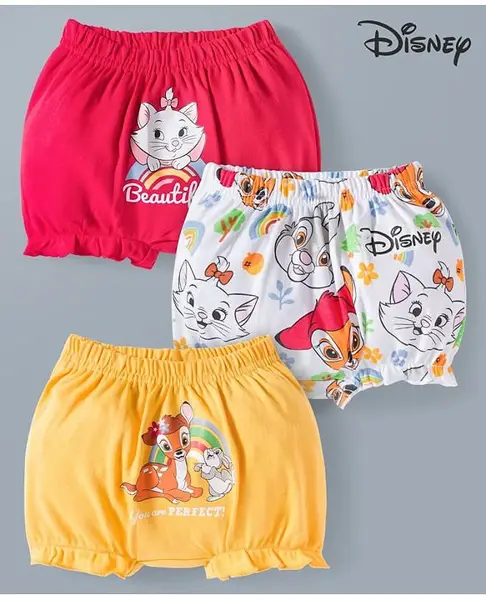 Babyhug Disney Lycra Knit Bloomers with Marie Graphic Pack of 3 - White Red & Yellow
