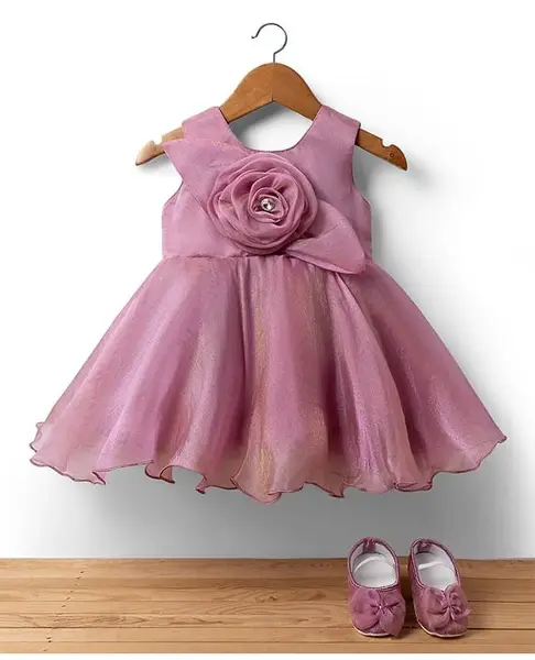 Bluebell T-issue Woven Sleeveless Solid Color Party Dress with Floral Applique & Booties - Pink