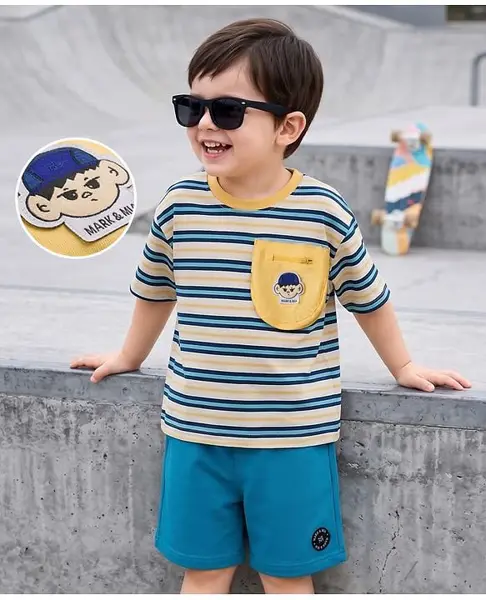 Mark & Mia Cotton Knit Half Sleeves Striped Oversized T-Shirt & Shorts Set with Pocket & Badge Detailing - Multicolor