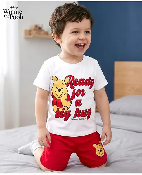 Babyhug Disney Single Jersey Knit Half Sleeves T-Shirt & Shorts Night Suit with Winnie the Pooh Graphic - Red & White