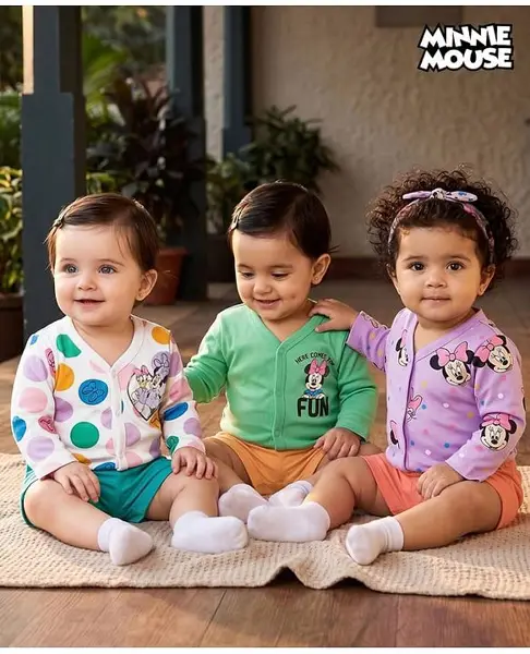Babyhug Disney 100% Cotton Knit Full Sleeves Jhablas With Minnie & Friends Graphics Pack Of  3 - Multicolour