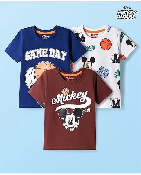 Babyhug Disney 100% Cotton Knit Half Sleeves T-Shirts With Mickey Mouse Graphic Pack of 3 - Multicolour