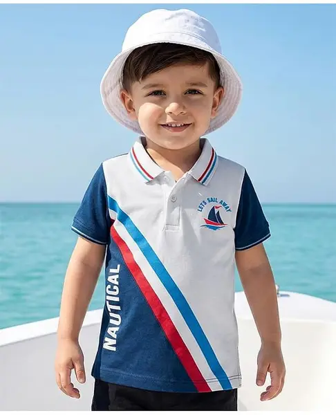 Babyhug Cotton Knit Half Sleeves Cut & Sew Polo T-Shirt with Nautical Theme Print - Multicolor