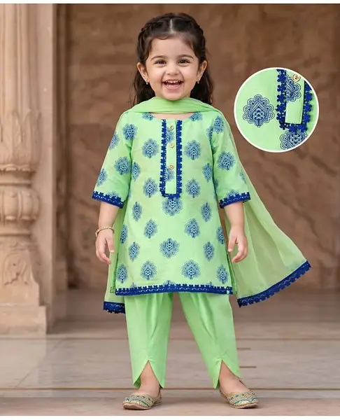 EARTHY TOUCH Cotton Jersey Knit Full Sleeves Kurti Salwar Set With Floral Print & Dupatta - Lime Green