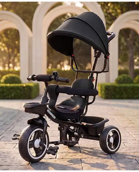 Plug & Play Tricycle With Parental Push Handle & Foldable Canopy - Black