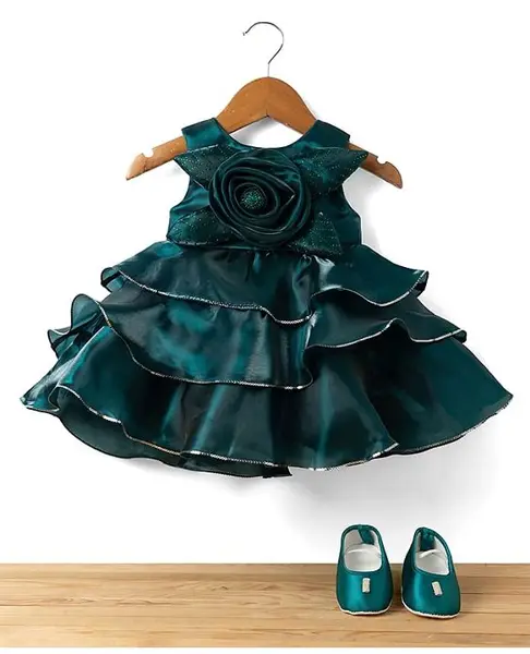 Bluebell T-Issue Woven Sleeveless Layered Dress & Booties With Floral Applique & Sequin Detailing - Green
