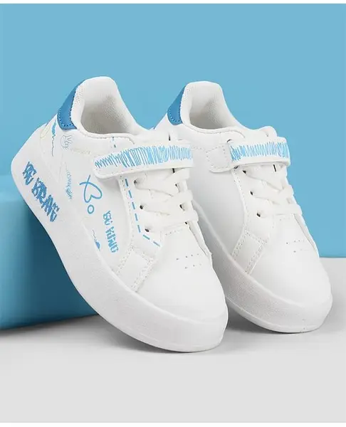 Babyoye Velcro Closure Casual Shoes with Text Design - White & Blue