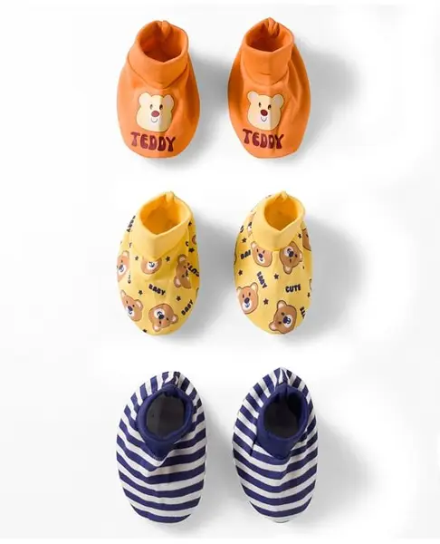 Doodle Poodle 100% Cotton Interlock Knit Booties with Striped & Bear Print Pack of 3 - Navy Blue Orange & Yellow