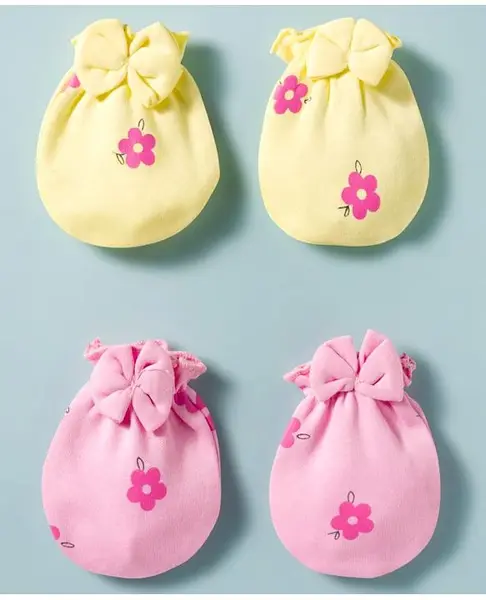 Doodle Poodle 100% Cotton Interlock Knit Floral Printed Mittens with Bow Applique Pack of 2- Pink & Yellow