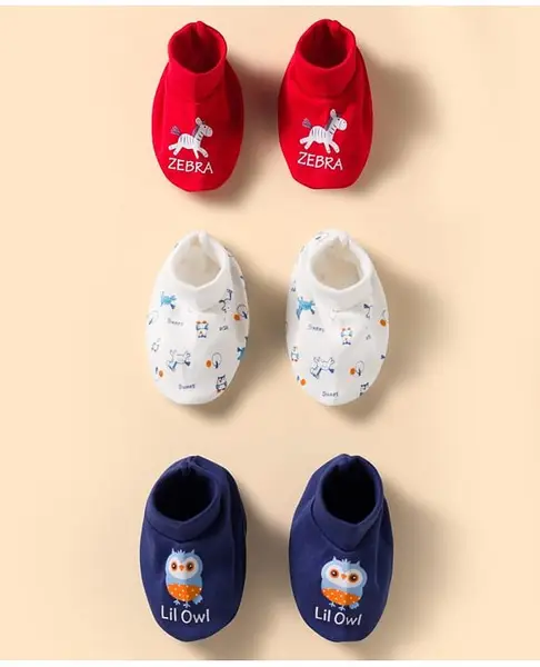 Doodle Poodle 100% Cotton Interlock Knit Owl & Zebra Printed Booties Pack of 3 - Dark Red  White & Navy Blue