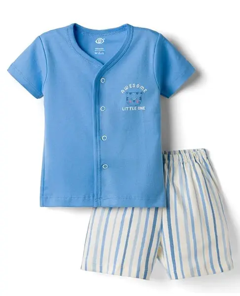 Zero Knitted Half Sleeves Text Printed Front Open T-Shirt & Striped Shirt - Light Blue & Off White