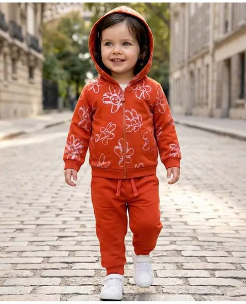 Babyoye Cotton Knit Full Sleeves Floral Printed Winter Wear Solid Hooded Sweatshirt & Lounge Pant Set - Rust Orange