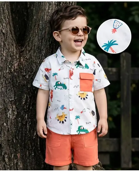 Mark & Mia Cotton Lycra Knit  Half Sleeves Oversize Dino Printed Shirts & Shorts Sets With Pocket Detailing - Multi Color