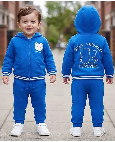 Babyoye 100% Cotton Knit Full Sleeves Hooded Winter Wear Suit with Front & Back Bear Embroidery - Blue