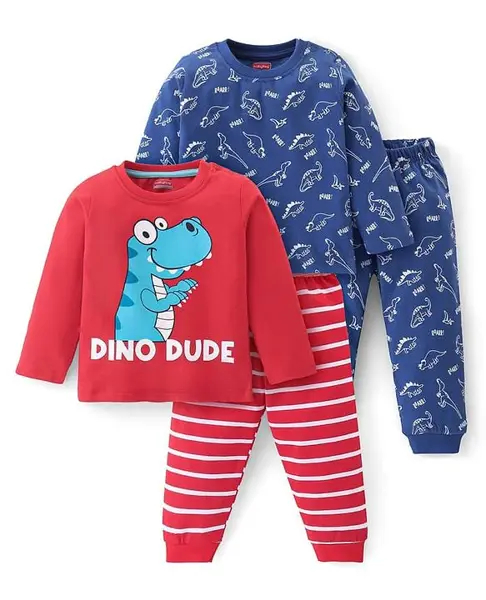 Babyhug Cotton Knit Full Sleeves T-Shirt & Pyjama Co-Ord Night Suit Set with Dino Print Pack of 2 - Red & Blue
