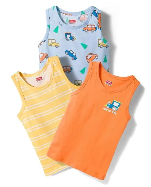 Babyhug 100% Cotton Single Jersey Knit Antibacterial Sleeveless Vests With Car Print Pack of 3 - Multicolor