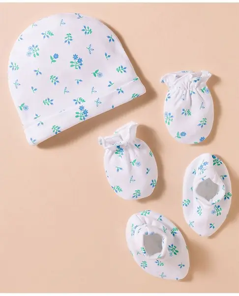 Babyhug 100% Cotton Interlock Knit Cap  Mittens & Booties Set With Floral Print White - Diameter 17 cm
