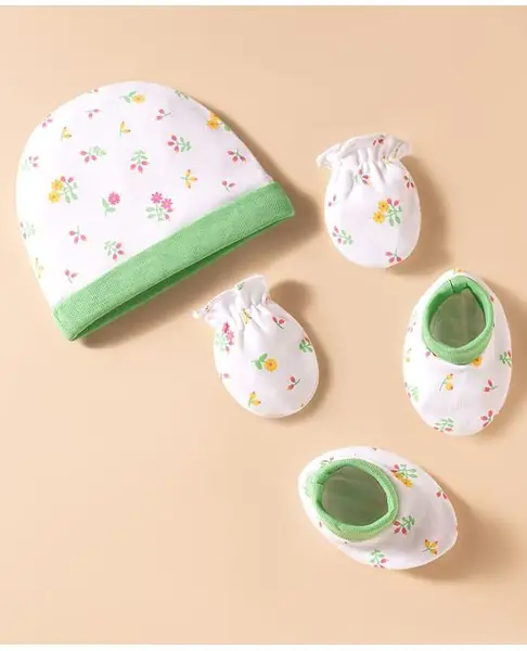 Babyhug 100% Cotton Knit Floral Printed Cap Mittens & Booties Set White & Light Green - Diameter 17 cm