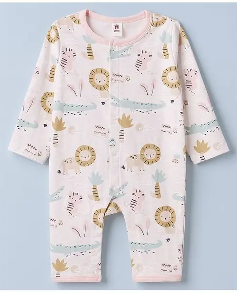 ToffyHouse Single Jersey Knit Full Sleeves  Sleep Suit Lion Print - Off White