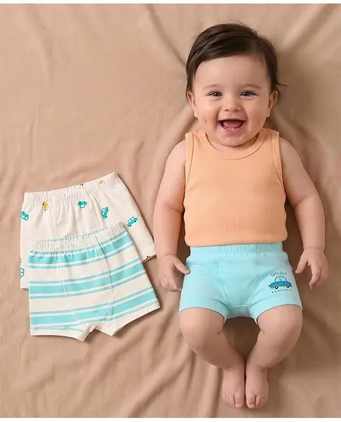 Babyoye Elastane Knit Striped & Car Printed Trunks Pack of 3 - Aqua & white