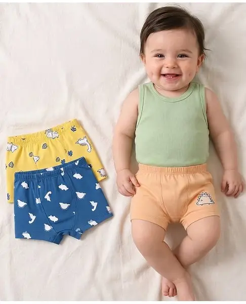 Babyoye Cotton Lycra Knit Dino Printed Briefs Pack Of 3 - Blue Yellow & Cream