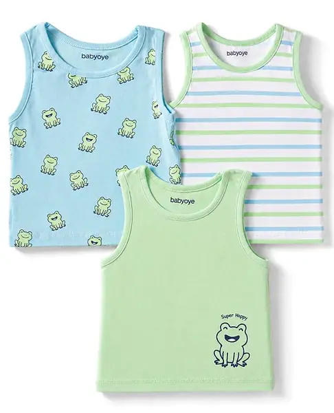 Babyoye Cotton Lycra Knit Sleeveless Vest With Frogs Print Pack of 2 - Sea Green & Sky