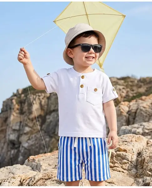 Babyoye 100% Cotton Yarn Dyed Waffle Knit Half Sleeves  Solid Colour T-Shirts & Striped Shorts White & Blue