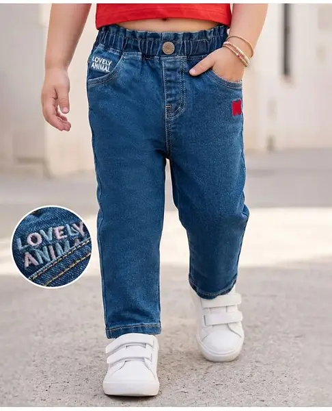 Mark & Mia Cotton Lycra Full Length Paper Bag Waistband Denim Jeans with Bow Embroidery - Navy Blue