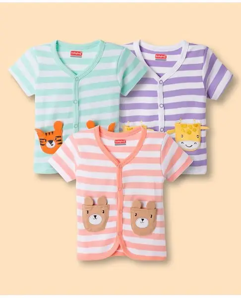 Babyhug 100% Cotton Interlock Knit Half Sleeves Antibacterial Striped Jhablas with Animal Applique Pack of 3 -Multicolor