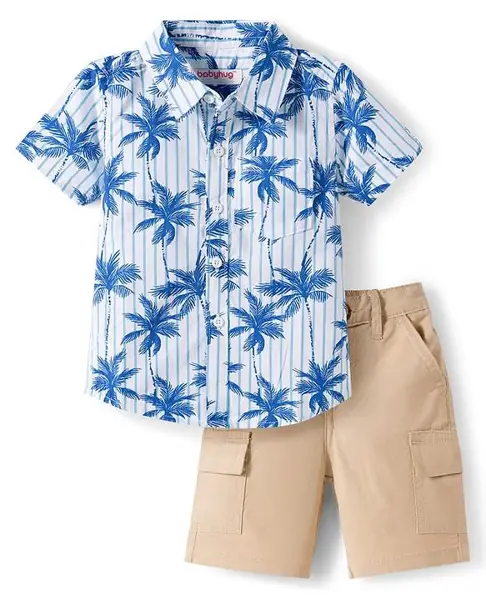 Babyhug Cotton Knit Half Sleeves Coconut Tree Printed Shirt & Shorts Set - Beige