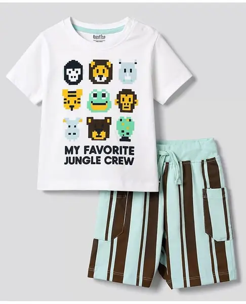 Bonfino 100% Cotton Knit Half Sleeves T-Shirt & Striped Shorts Set With Animal Print - Multicolor