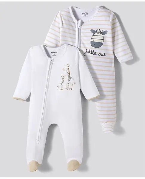 Bonfino 100% Cotton  Knit Full Sleeve Striped & Animal Printed Front Open 2 Way Zipper Footed Sleepsuits Pack of 2- White