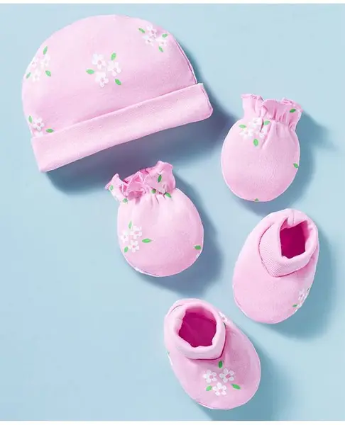 Babyhug 100% Cotton Interlock Knit Cap Mittens & Booties Set With Floral Print Pink - Diameter 12.5 cm
