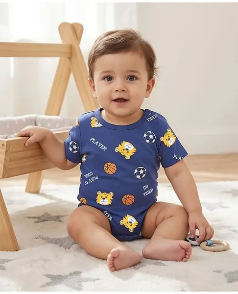 Doodle Poodle 100% Cotton Knit Half Sleeves Sport Printed Onesie - Navy Blue