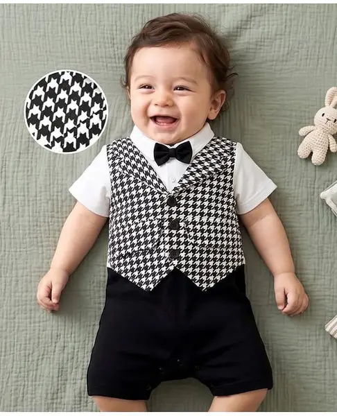 Mark & Mia Cotton Knit Half Sleeves Checkered Party Romper with Lapel & Bow Detailing - Multicolour