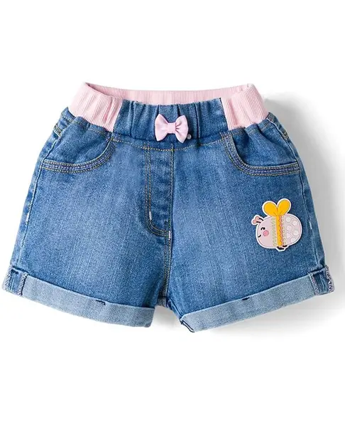 Little Kangaroos 100% Cotton Knee Length Denim Shorts With  Patch & Bow Applique - Light Blue