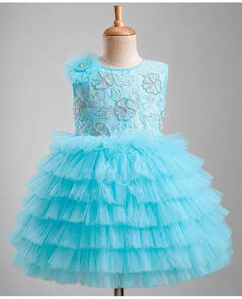 Bluebell Net Knit Sleeveless Frock With Floral Embroidery & Applique - Light Blue