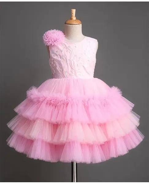 Bluebell Net Knit Sleeveless Floral Sequinned Layered Party Dress With Applique - Pink