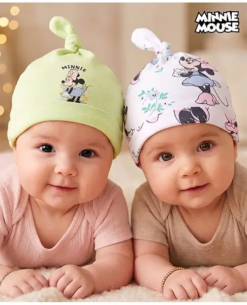 Babyhug Disney Interlock Knit  Pony Caps With Minnie Mouse Print Pack of 2 Multicolor - Diameter 18 cm