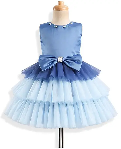 Bluebell Satin Woven Sleeveless Party Dress with Bow Applique & Pearl Detailing - Blue