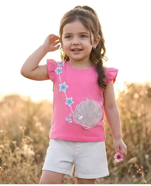 Babyhug Single Jersey Knit Frill Sleeves Top & Denim Shorts Set with Star Print - Pink & White