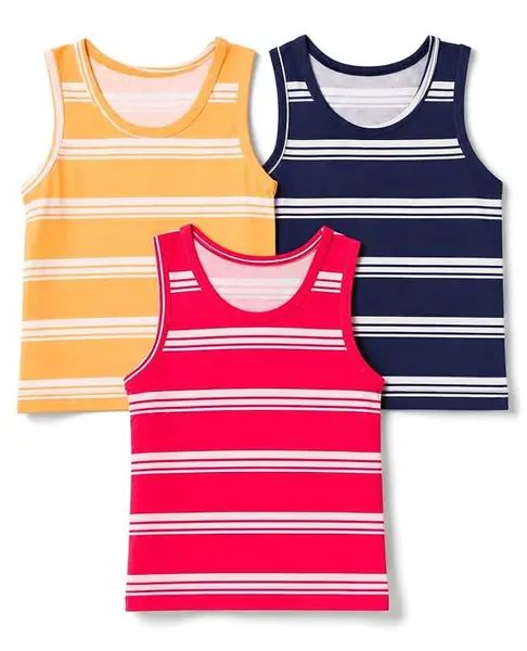 Babyhug 100% Cotton Knit Striped Sleeveless Vests Pack of 3 - Yellow  Navy Blue & Pink