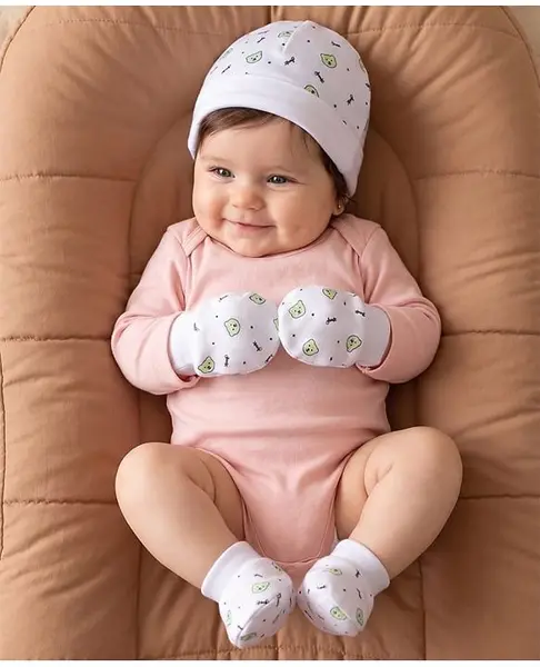 Babyoye 100% Cotton Interlock Knit Cap Mittens & Booties with Bear Print White - Diameter 16 cm