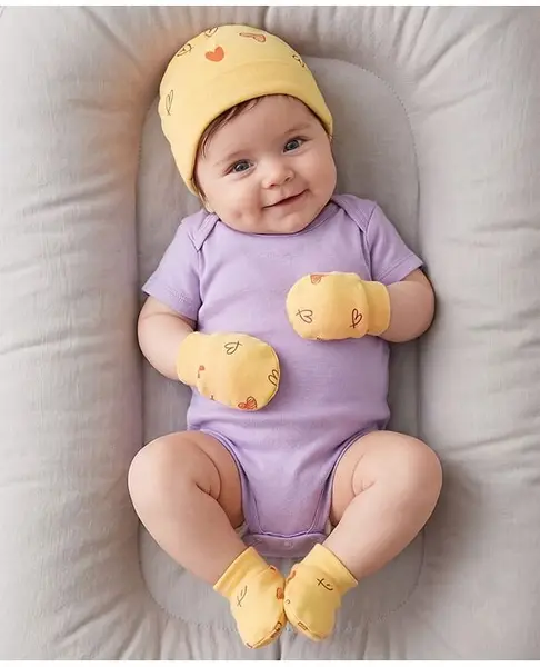 Babyoye 100% Cotton Interlock Knit Cap Mitten & Booties with Heart Print Eco Jiva Finish Yellow - Diameter 15 cm