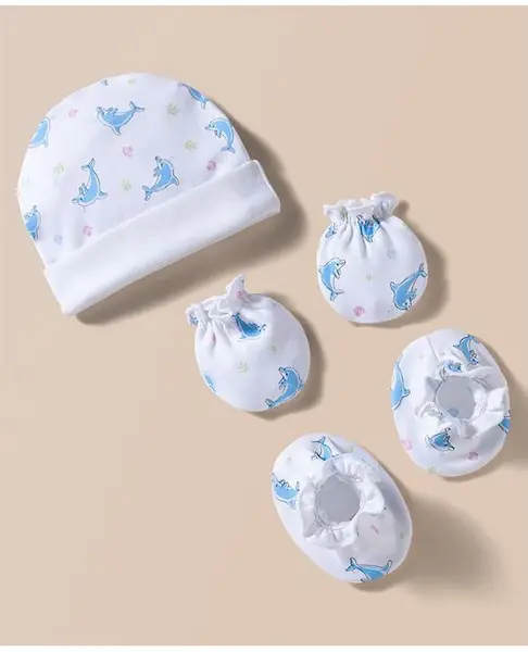 Ben Benny Interlock Knit Cap Mitten & Booties With Dolphin Print White - Diameter 10 cm