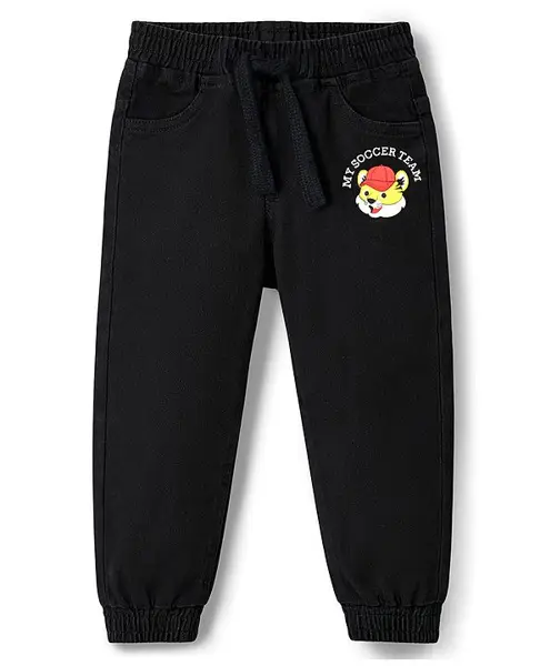 Babyhug Full Length Washed Denim Jogger With Tiger Print & Stretch - Black