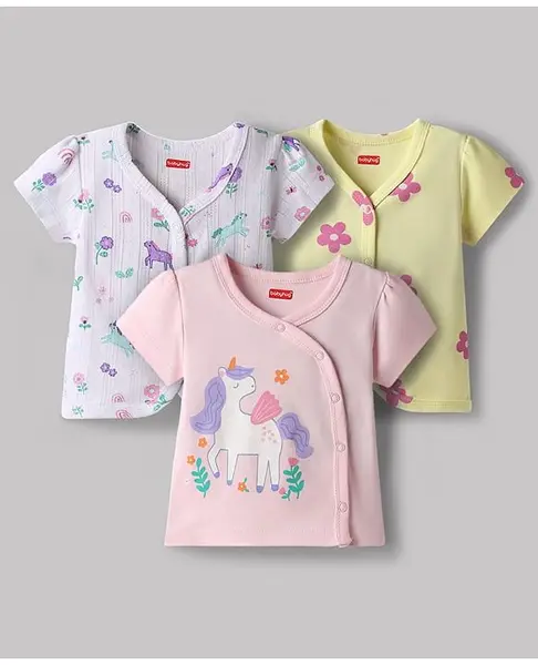 Babyhug 100% Cotton Knit Half Sleeves Jhablas with Unicorn & Floral Print Pack of 3 - Multicolor